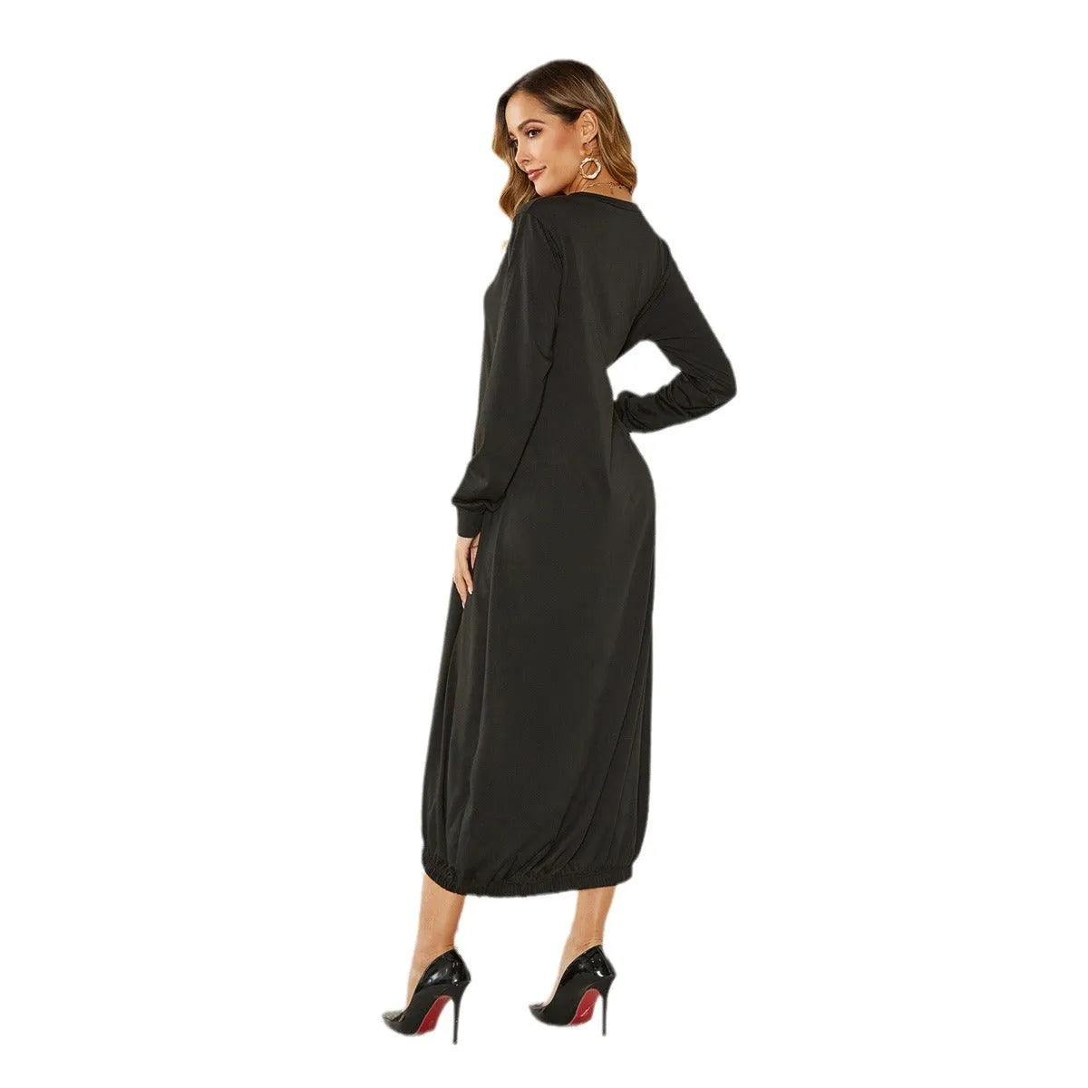 Black lantern dress with lace-up crew neck and loose silhouette for casual wear