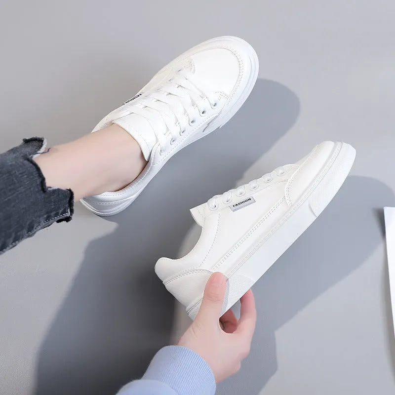 Korean style white and brown low-top sneakers with artificial PU upper and plastic sole