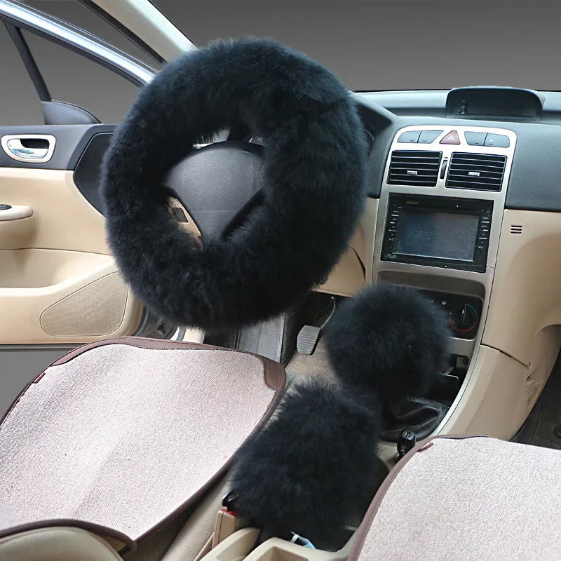 Wool steering wheel cover and handle covers three-piece set in multiple colour options for 38cm diameter wheels