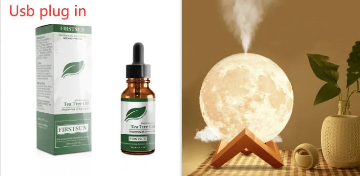 Wood grain spherical USB humidifier and night light on a table, showing its 13 cm size.
