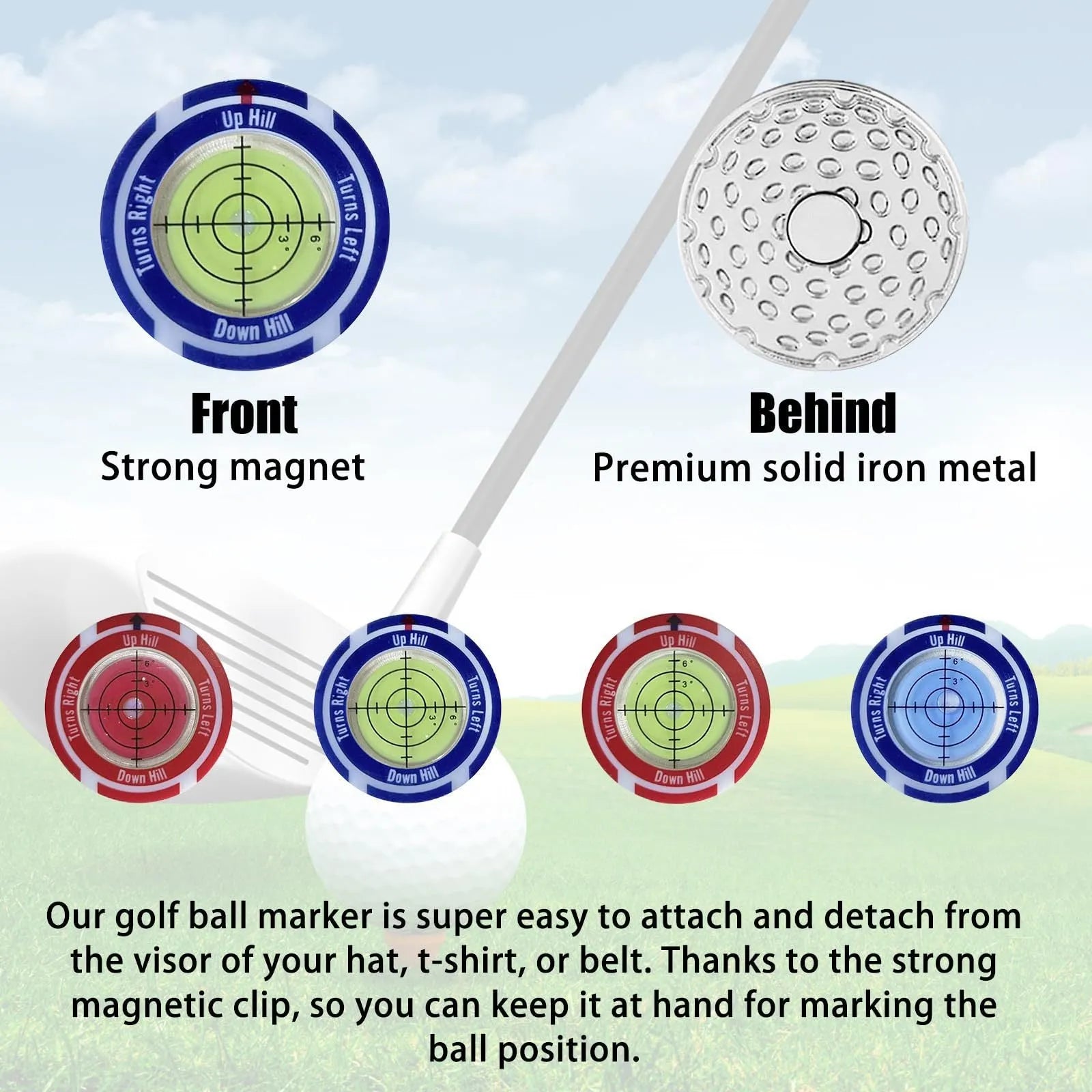 Golf level hat clip measurement device with green position markers for score tracking
