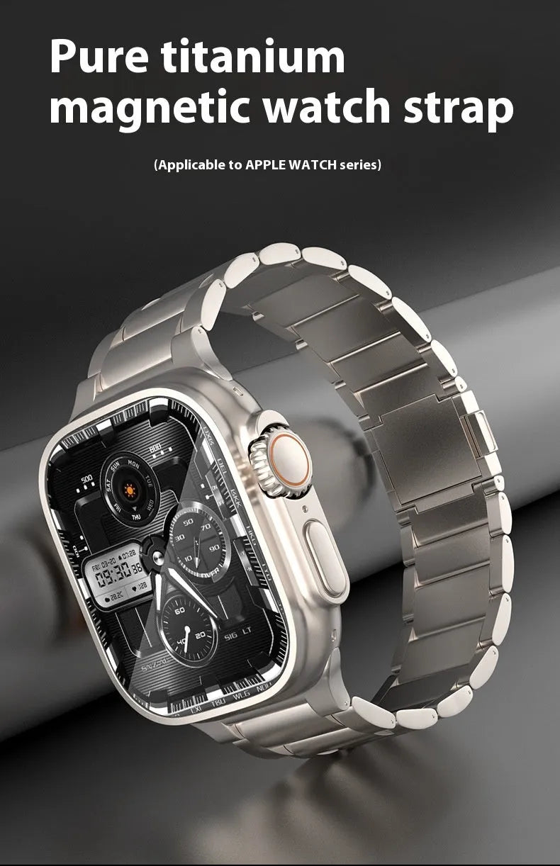 Titanium alloy magnetic snap watch strap for Apple Watch in silver colour on a wrist