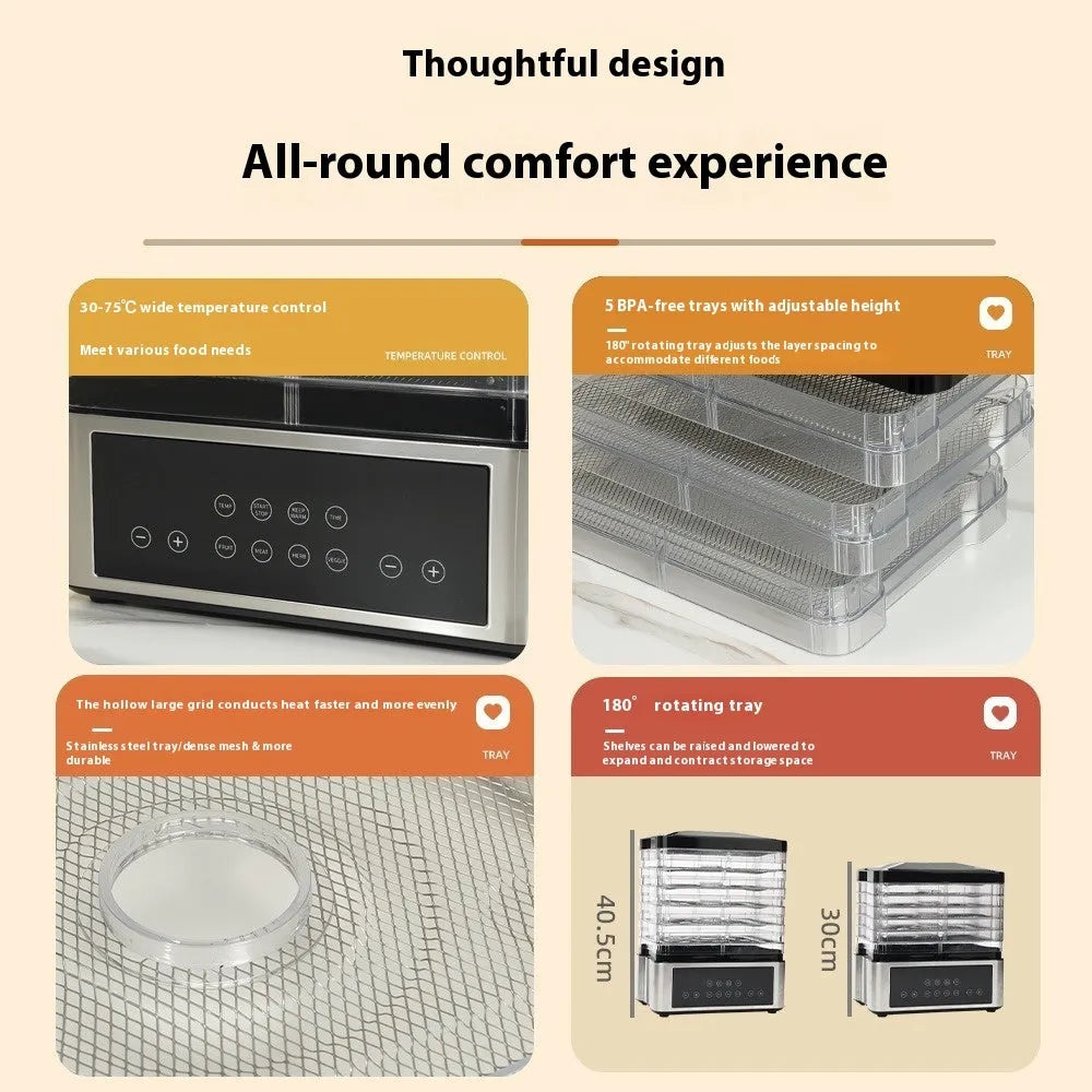 Silver stainless steel food dehydrator appliance with digital controls on a kitchen counter.