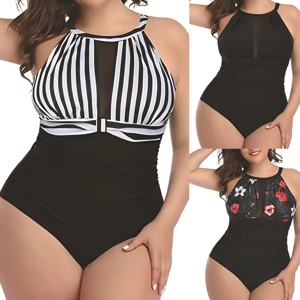Women's black lace one-piece swimsuit on a mannequin, plus size swimwear option