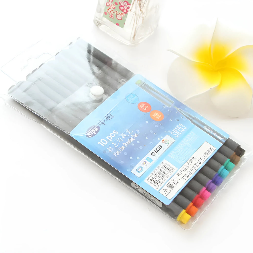 10 hook line pens with 0.38mm tips for technical drawing, 15.8cm length