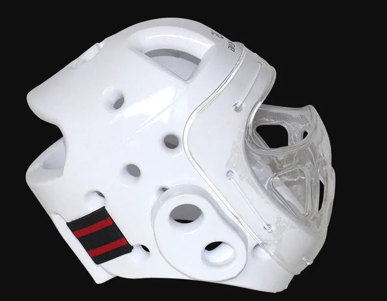 Karate helmet protective equipment for boxing training in white, blue, or red colours