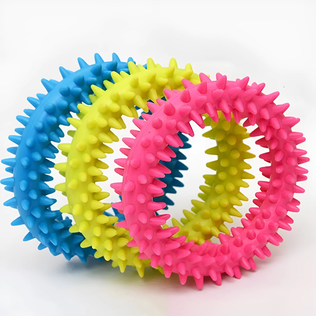 Blue spiked circle ring dog chew toy made from TPR for dental cleaning and bite training.