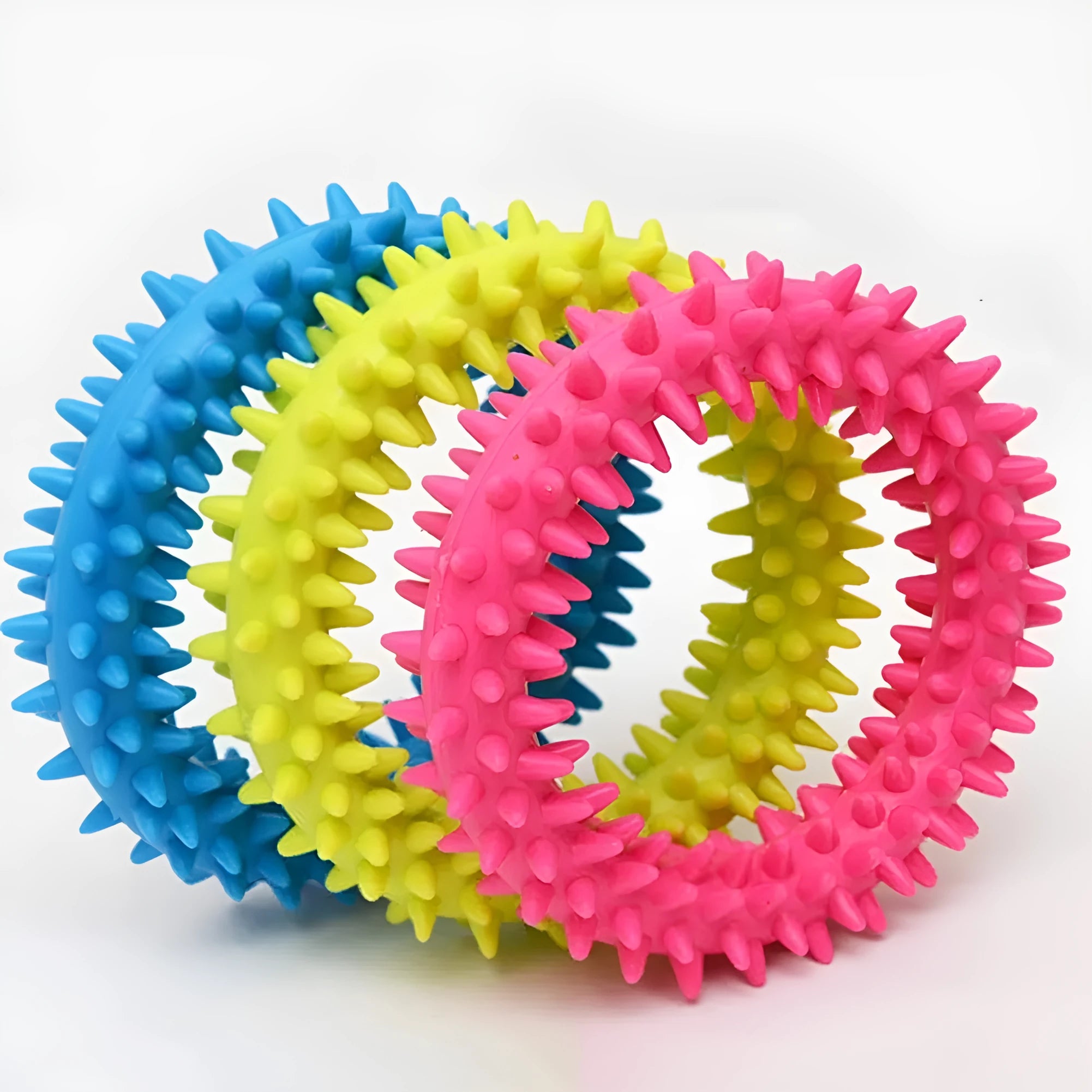 Blue spiked circle ring dog chew toy made from TPR for dental cleaning and bite training.
