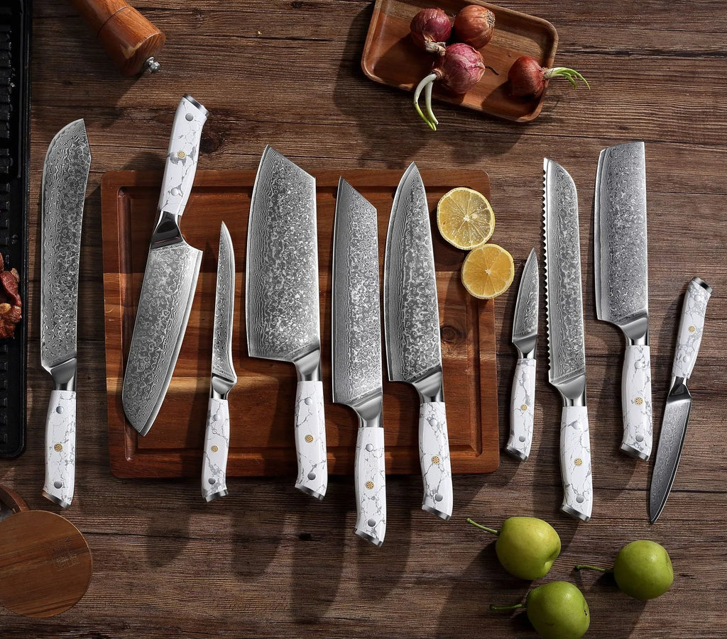 Damascus pattern chef's knife with VG10 steel blade and modern handle on a kitchen counter.