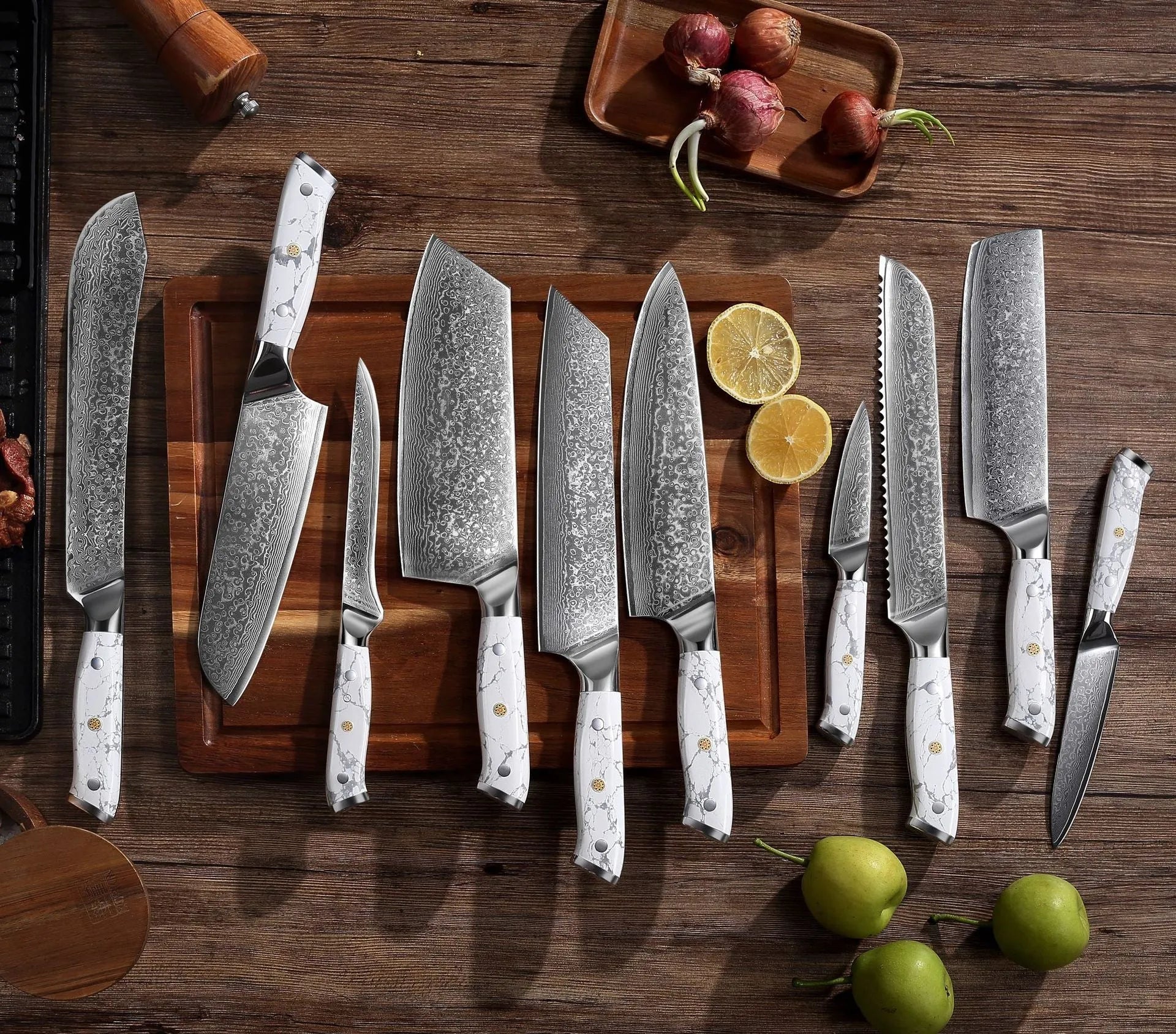 Damascus pattern chef's knife with VG10 steel blade and modern handle on a kitchen counter.