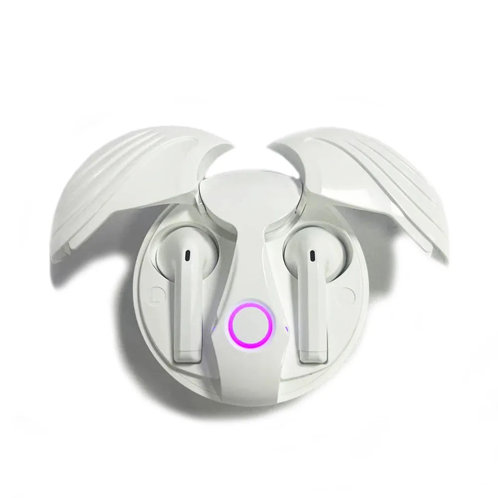 Gaming TWS true wireless Bluetooth headset with noise cancelling in black charging case, side view