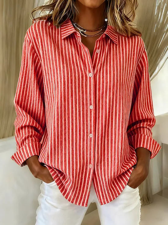 Check print women's long sleeve polyester shirt in solid colour, loose model fit