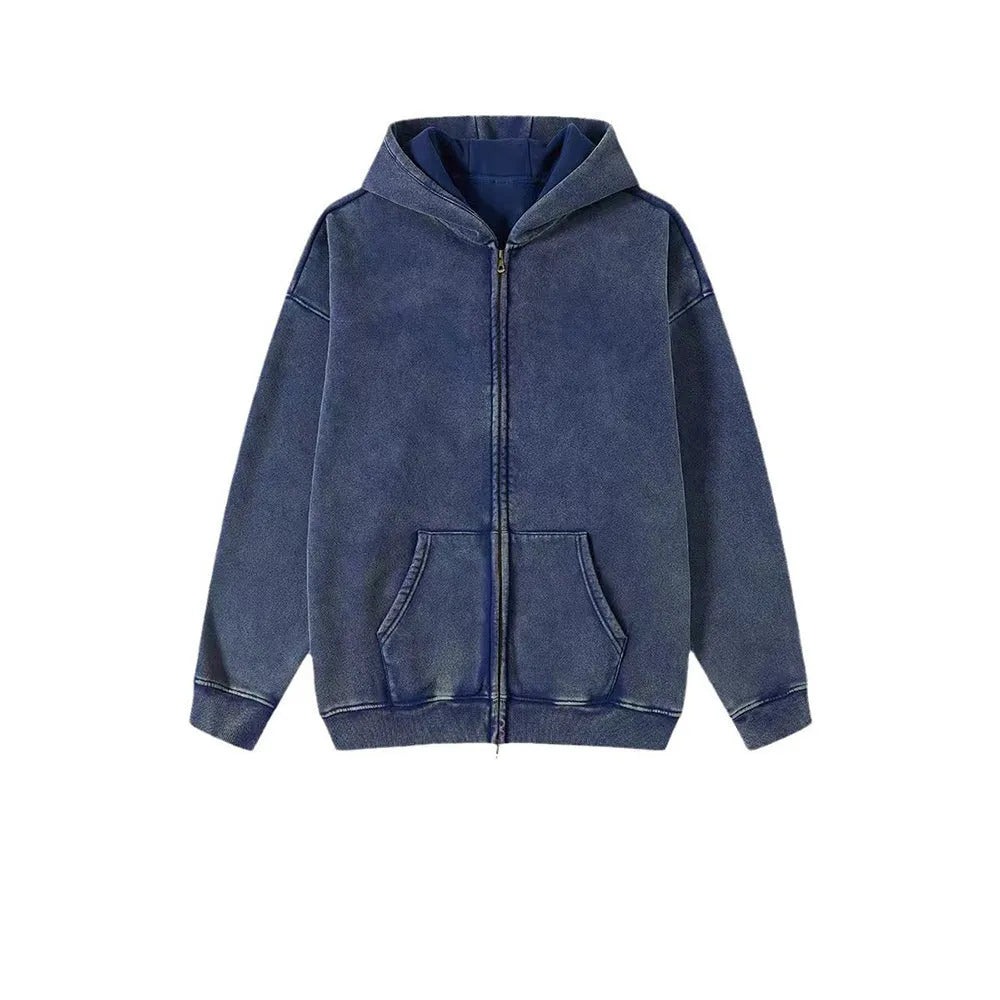 Men's vintage-style dark green fleece-lined hooded cardigan with a double zip front.