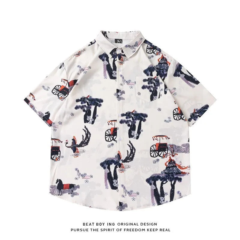 Man's loose-fit short sleeve shirt with a full floral print, styled as an open cardigan.
