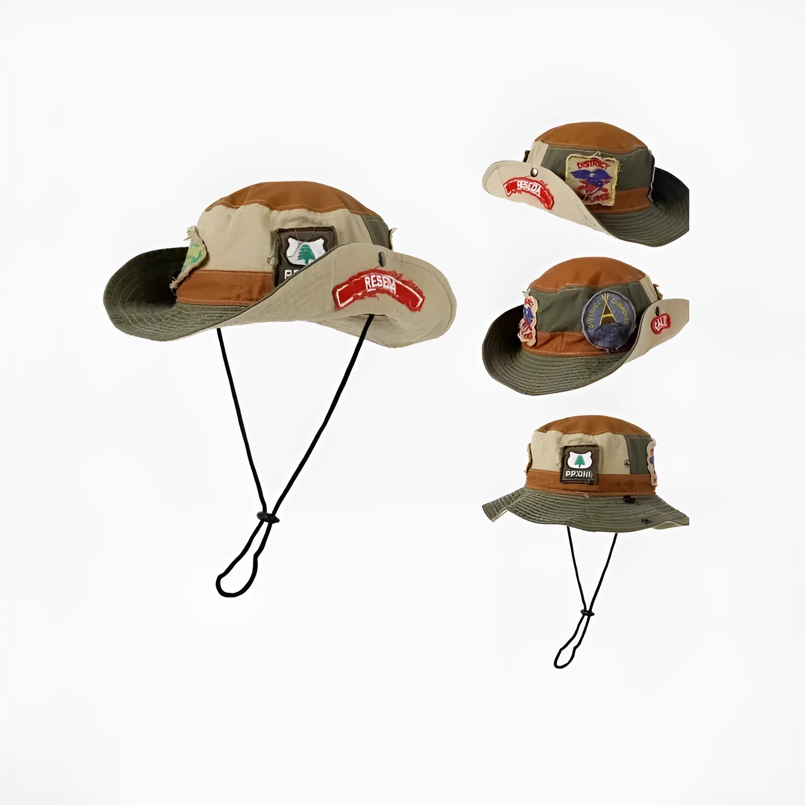 Army green cotton fisherman hat with patchwork details and flat-top crown, folded for display