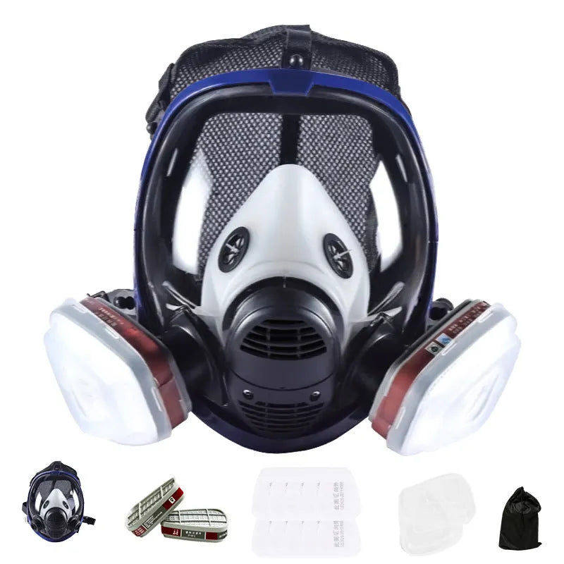 Spherical silicone gas mask with trapezoidal canister and blue edge detailing