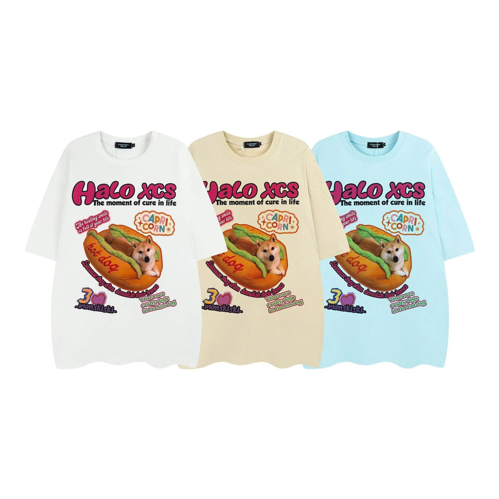 Cartoon hamburger dog printed loose fit cotton T-shirt in white, apricot, or sky blue colour.
