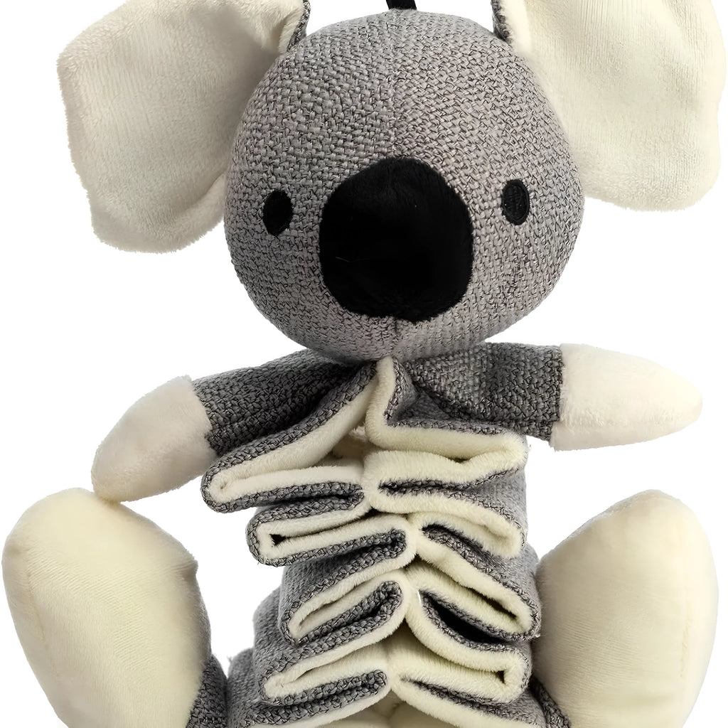 Grey koala plush dog toy measuring 30cm long with visible stitching and soft limbs.