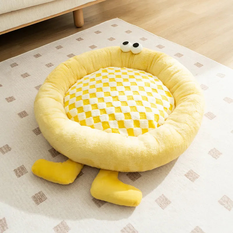 Elf Briquettes blue plush pet sleeping mat with raised edges, shown in a large size.
