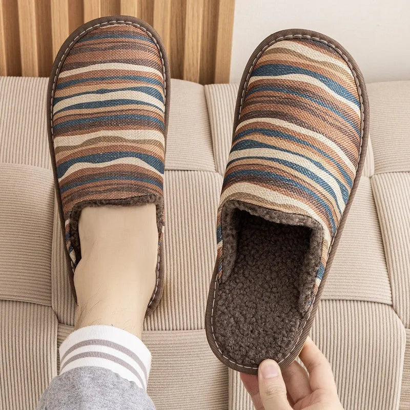 Linen and cotton household slippers with PVC sole in a floral colour option showing size and material detail.