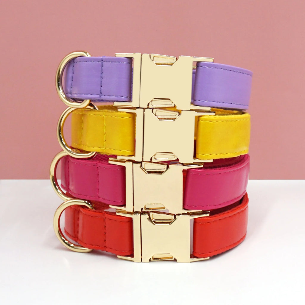 Simple colour blocking velvet leather dog collar in caramel colour with size tag