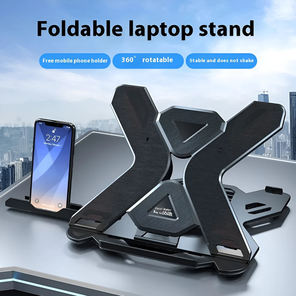 Black laptop bracket with integrated strap phone holder on a desk