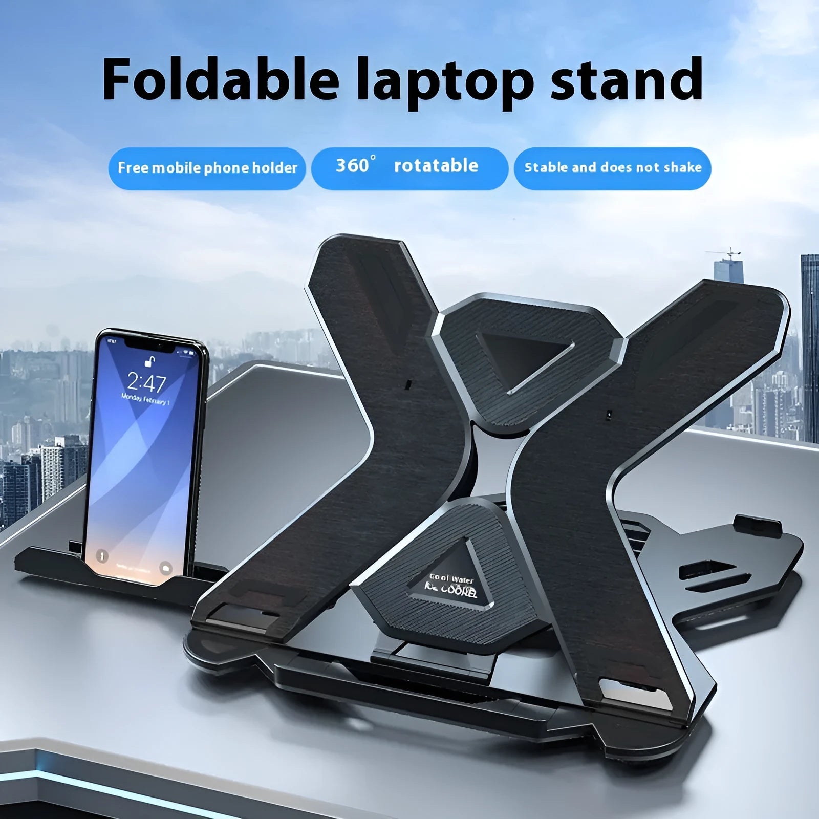 Black laptop bracket with integrated strap phone holder on a desk