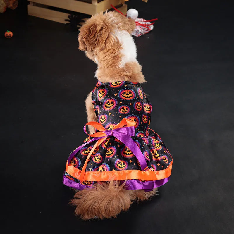 Halloween dog skirt with colourful pumpkin and skull prints in double-layer polyester