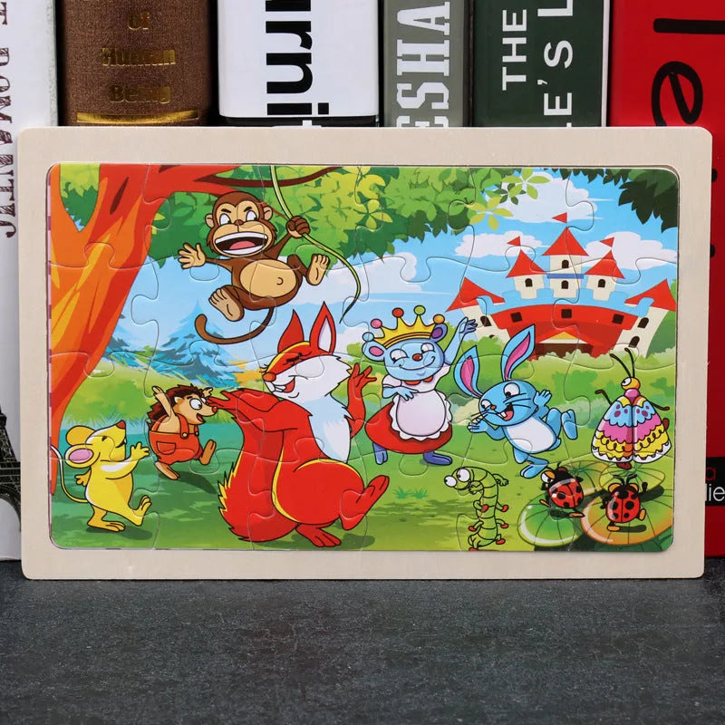 80-piece wooden animal puzzle set in iron box, designed for children aged 3 and over, featuring bear and riding themes