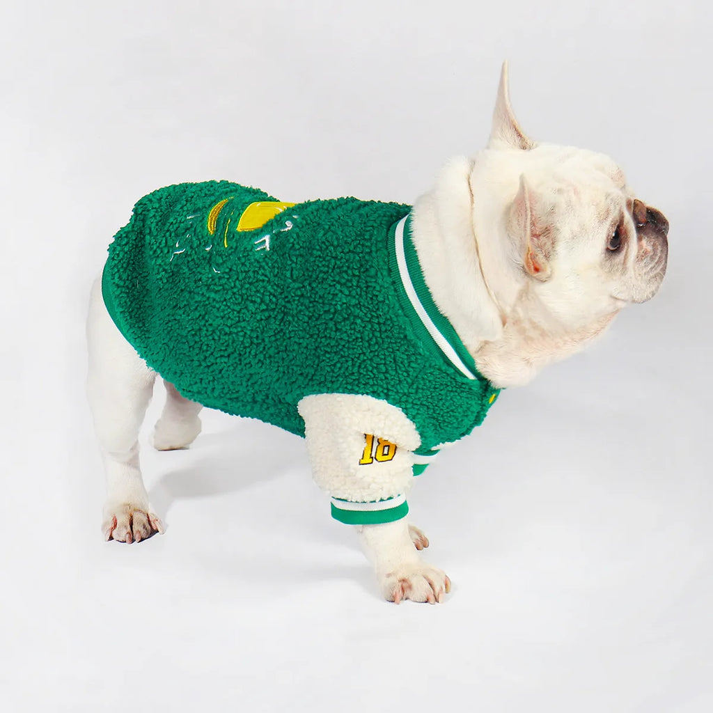 Green fleece-lined cotton dog clothing for winter wear in multiple sizes