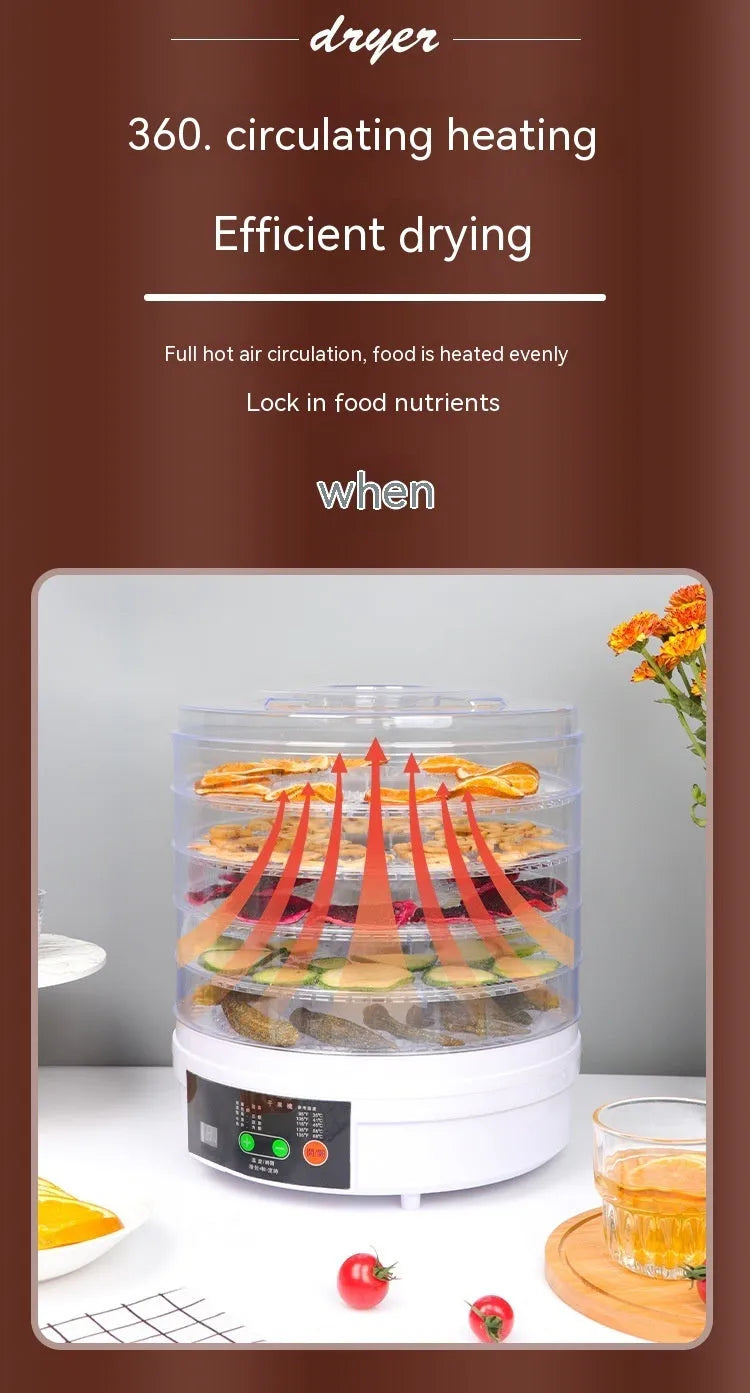 Household food dehydrator with multiple stackable drying trays on a kitchen worktop.