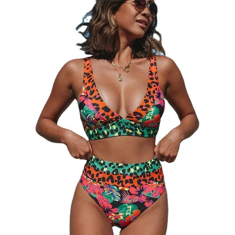Women's high-waist floral print bikini swimsuit set on a mannequin.