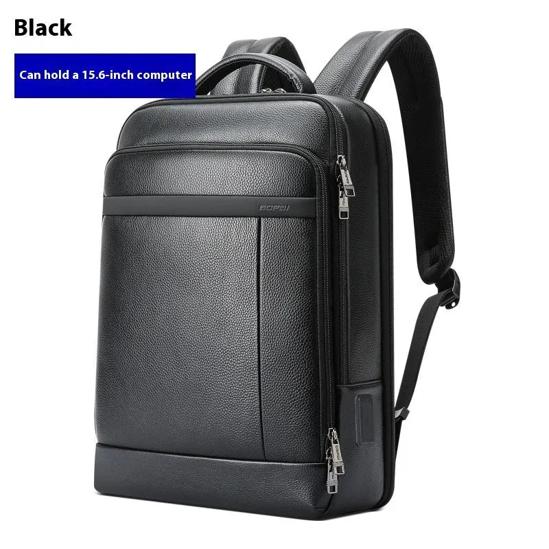 Black genuine leather business backpack with USB port and curved shoulder straps