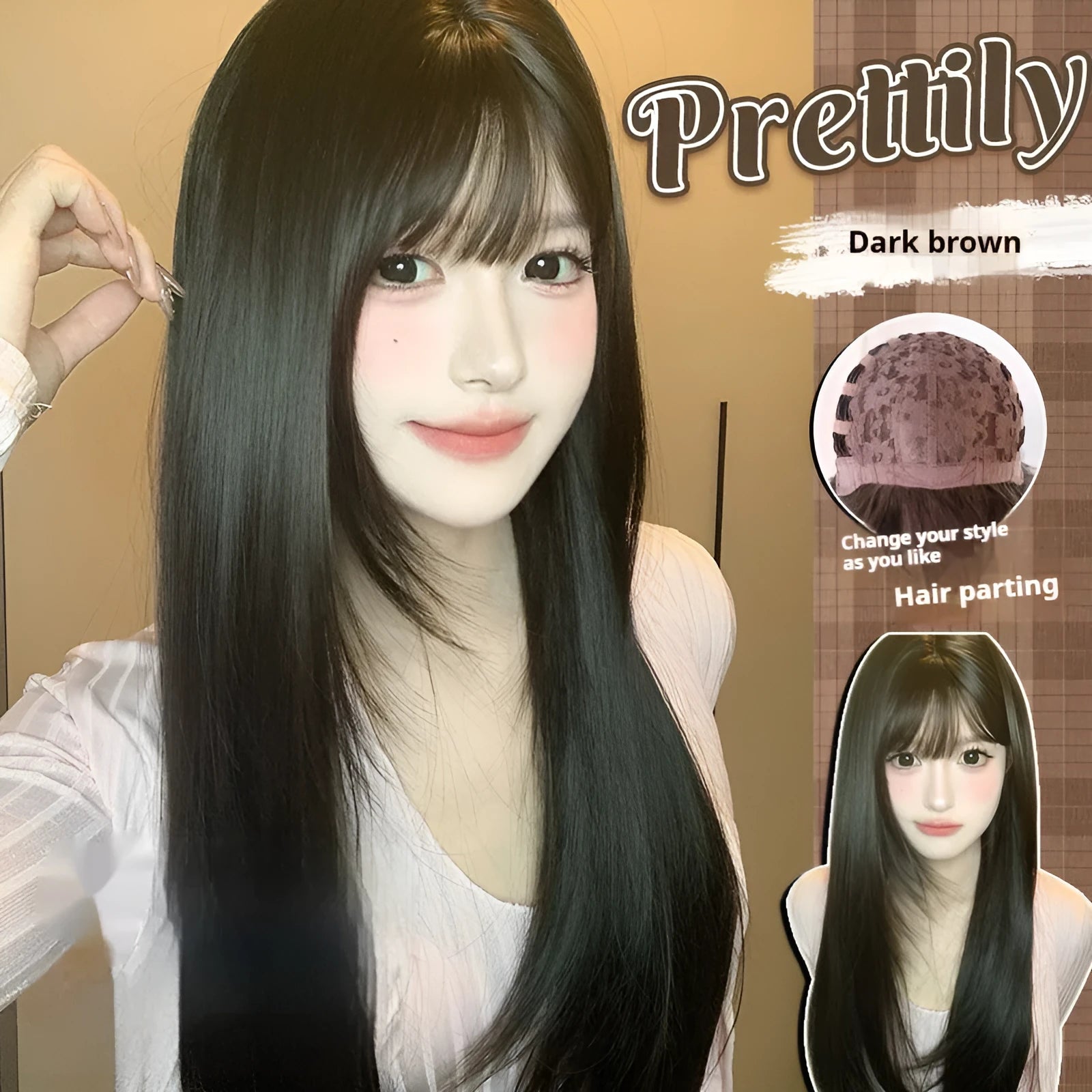 Dark brown long straight synthetic wig with bangs on wig head