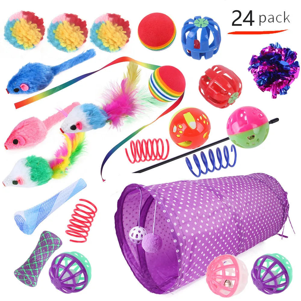 Plastic cat toy channel maze set with coloured accessories for feline play