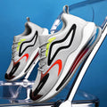 Men's casual mesh sports running shoes in black, side view, flat heel and round toe design