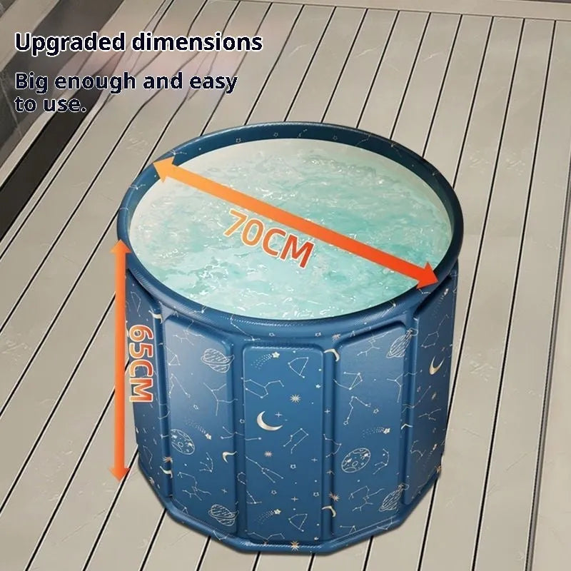 Foldable adult bath tub in sky blue colour made from thickened water-repellent cloth with drain pipe cushion