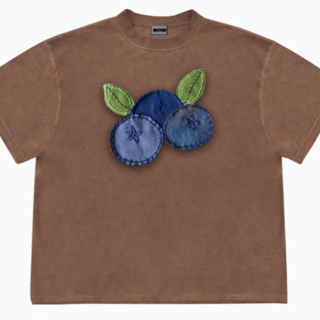 Blueberry patchwork print short-sleeved t-shirt in ice oxygen cotton fabric with loose fit