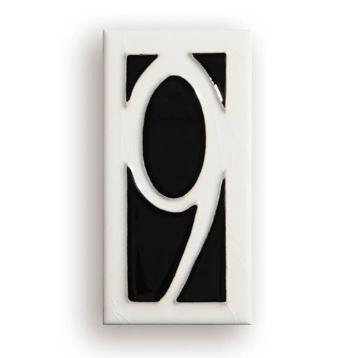 Handmade retro-style ceramic doorplate with a white enamel background and a raised black number 5, shown at 76mm by 152mm.
