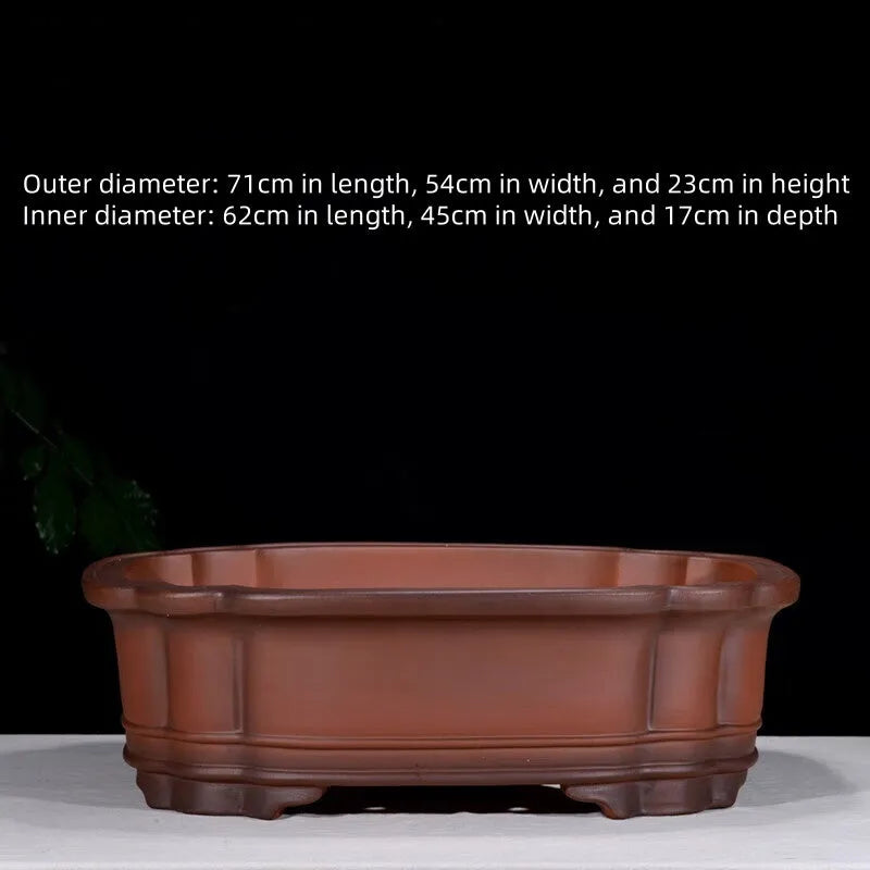 Large Chinese-style purple clay flowerpot with antique finish showing dimensions