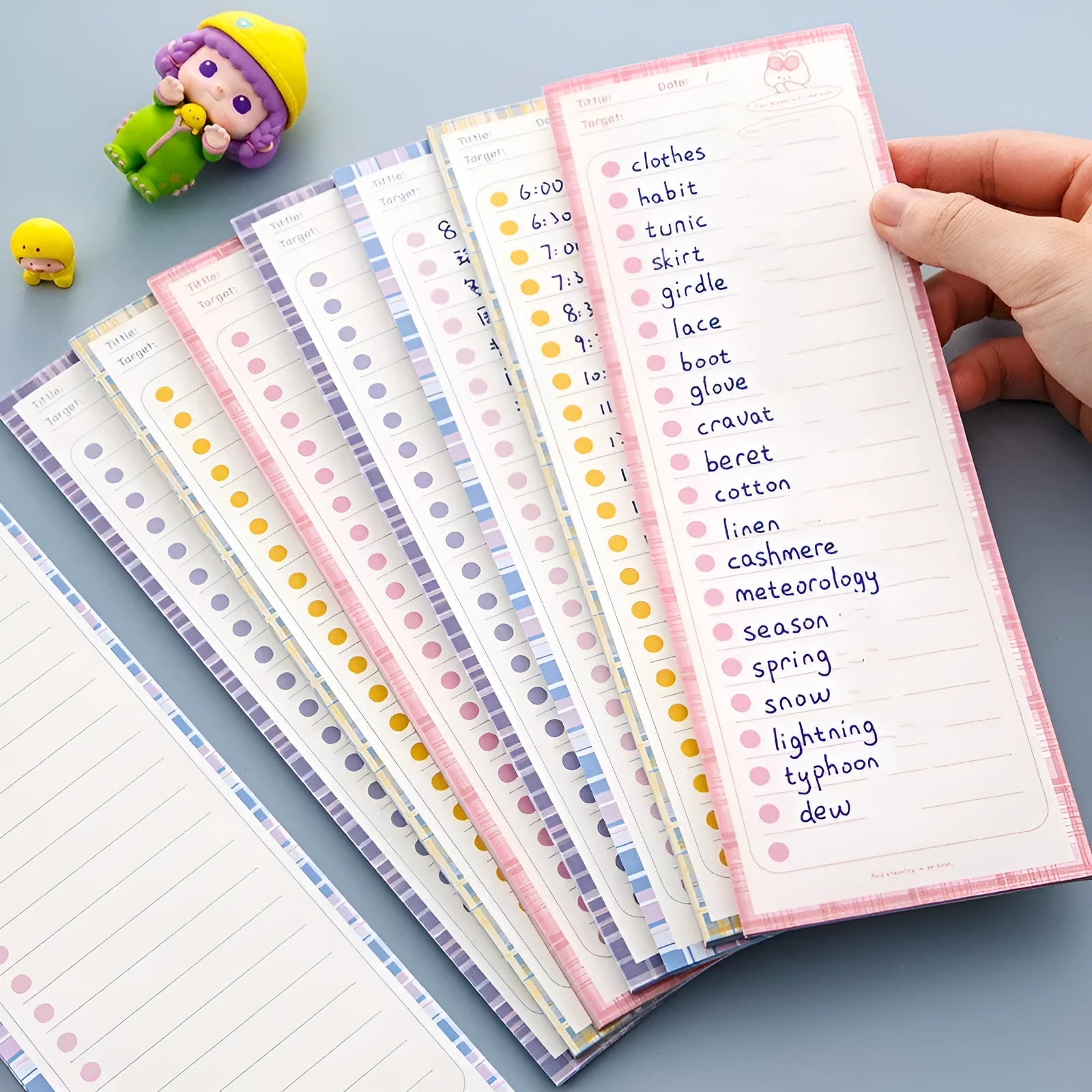 Ins wind notebook open showing 80G lined paper, with purple bear illustrated cover, dimensions 91mm by 256mm.