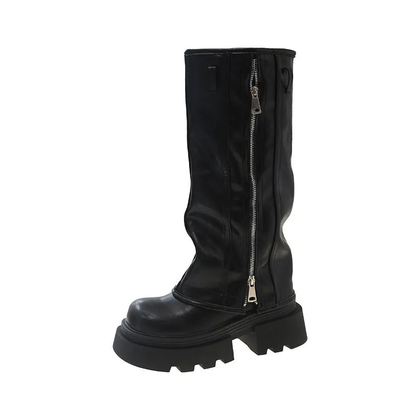 Black platform muffin pants Martin boots with a square heel and high cylinder cut