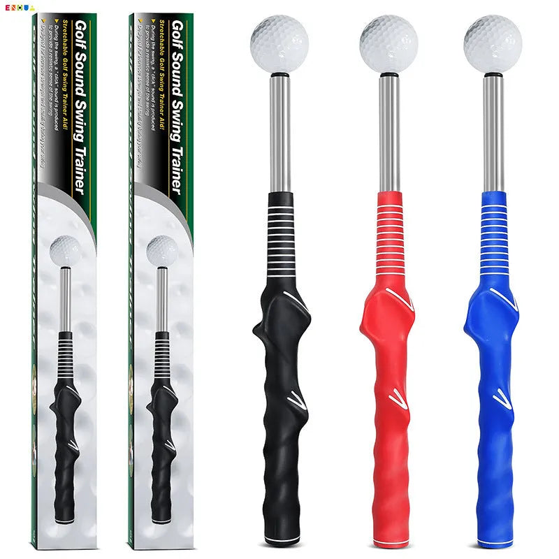 Telescopic stainless steel golf swing simulator trainer in black, blue, or red colour.