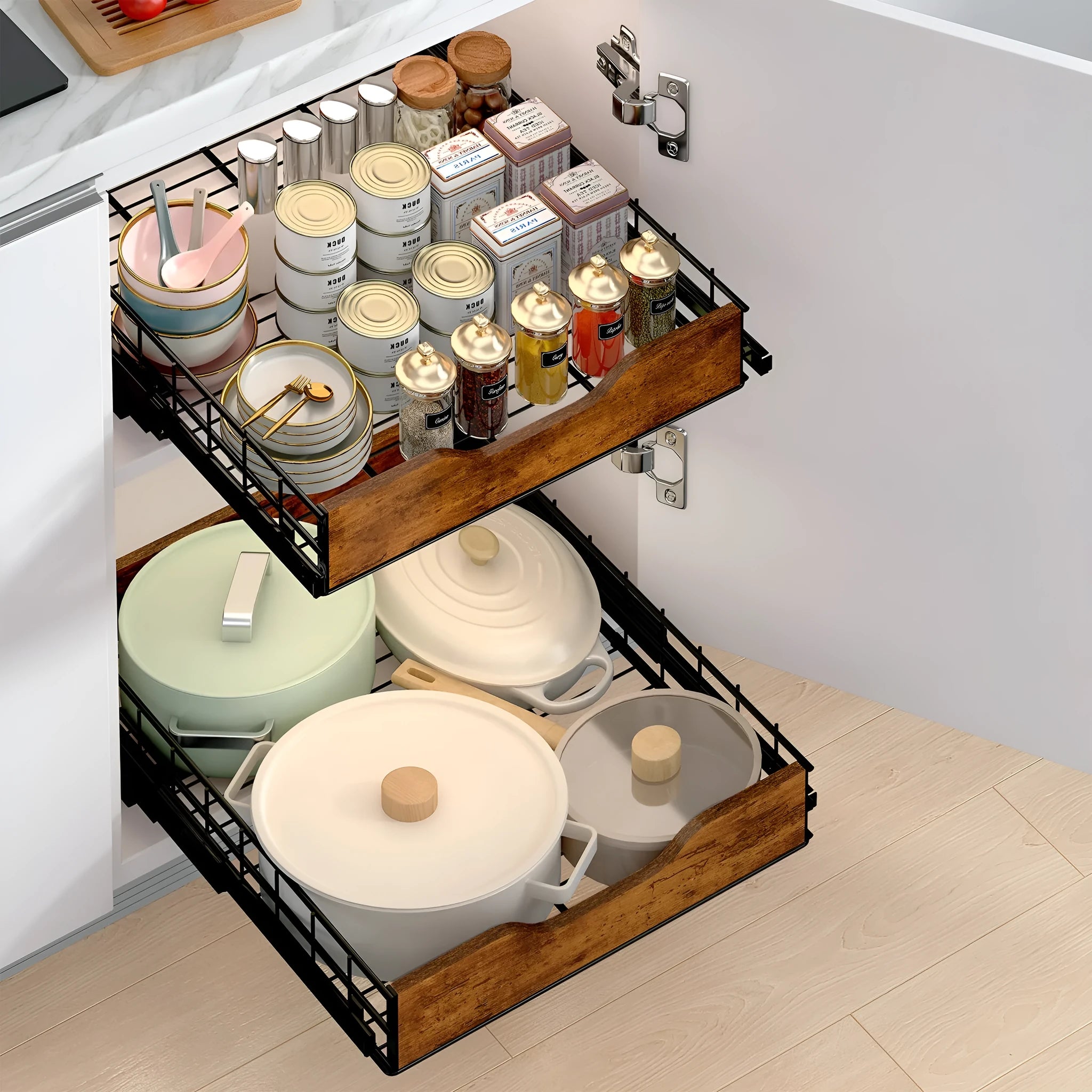 Black pull-out storage basket made of wood and iron with scalable design for kitchen organisation