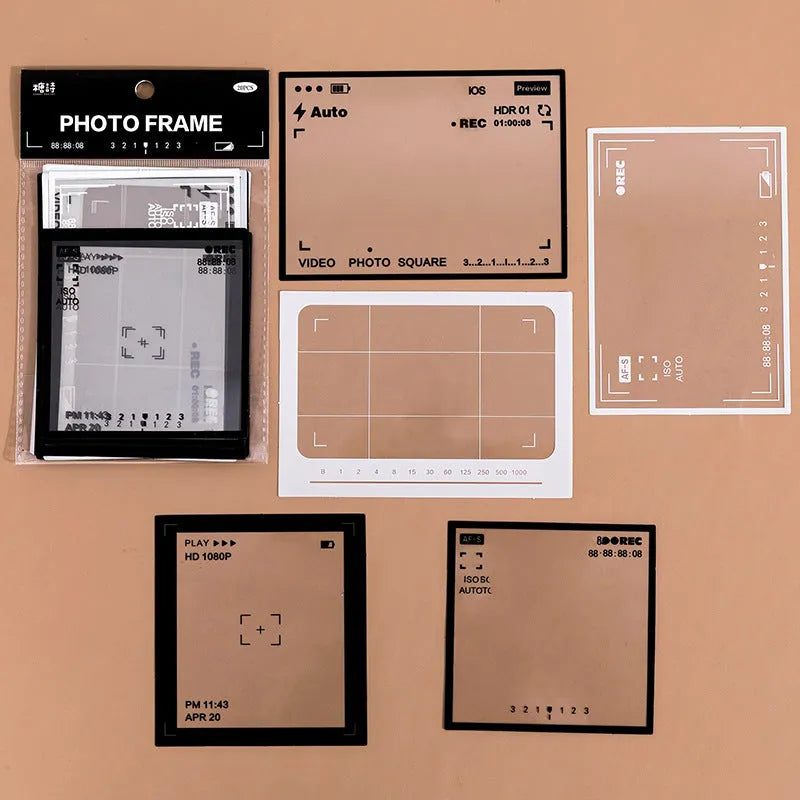 Frame Series retro decorative stickers showing photography, film, magazine, music, social, and frame designs on transparent PET paper