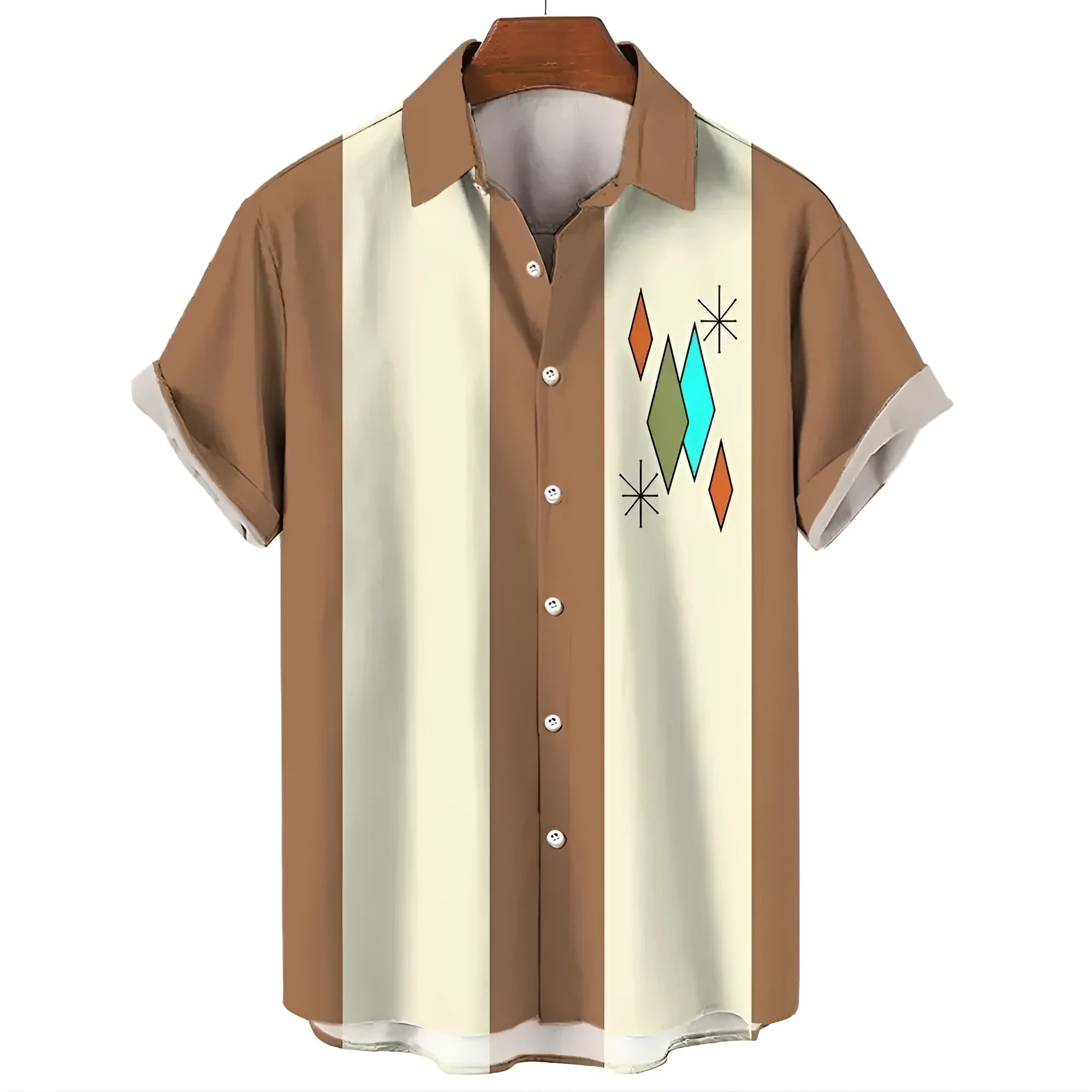 Men's striped Hawaiian short-sleeve shirt with button front and elastic band fabric