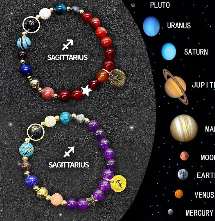 Natural stone zodiac sign bracelet set showing two adjustable bracelets with twelve zodiac designs