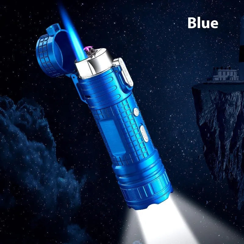 Multi-functional waterproof metal flashlight lighter TH727 in camouflage, red, black, blue, and yellow colours