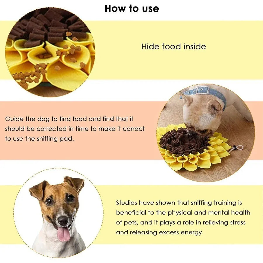 Yellow sunflower-patterned dog snuffle mat for slow feeding and nosework training