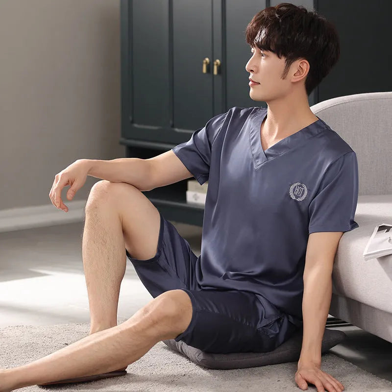 Men's loose-fitting ice silk short-sleeve pajama shirt and shorts set in various colours.
